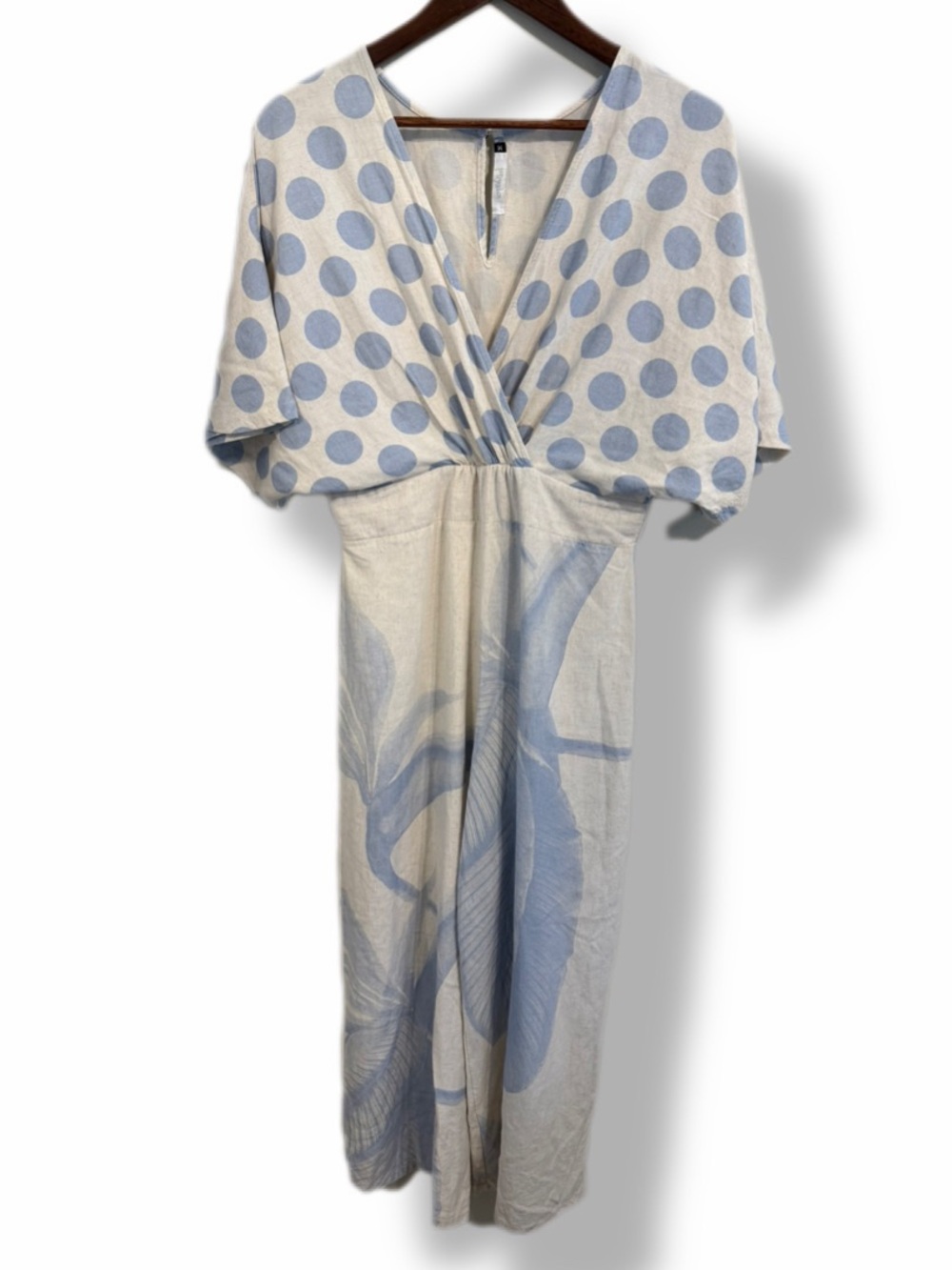 Coastal Linen Blend Wide Leg Jumpsuit Blue Polka Dot Tropical Print M